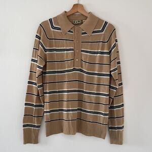 Vtg 70s 80s Beige Stiped Collared Knit Henley Sweater Sz M ELAN Retro Neutral